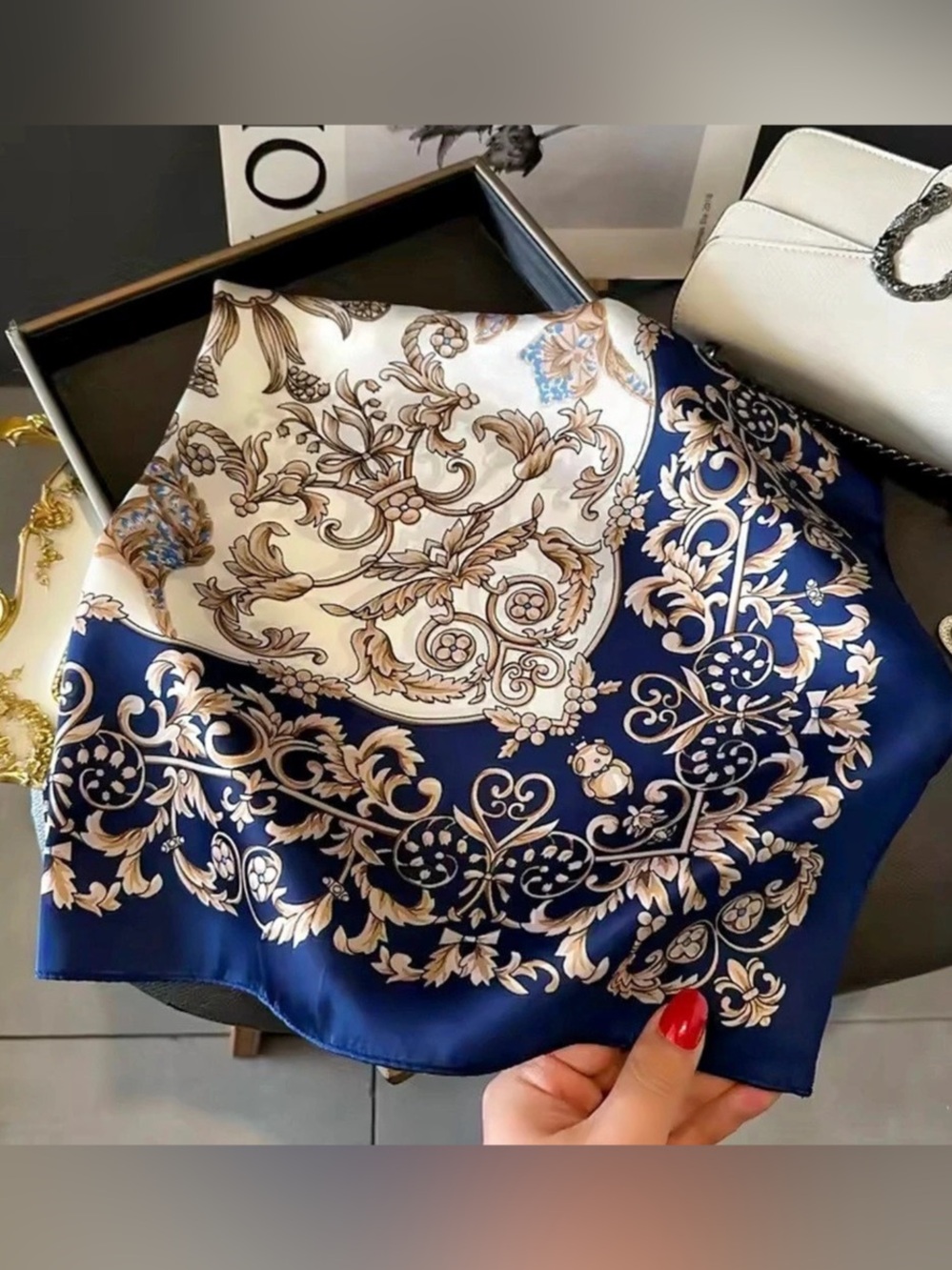 Floral Print Scarf in Blue & Cream Like New